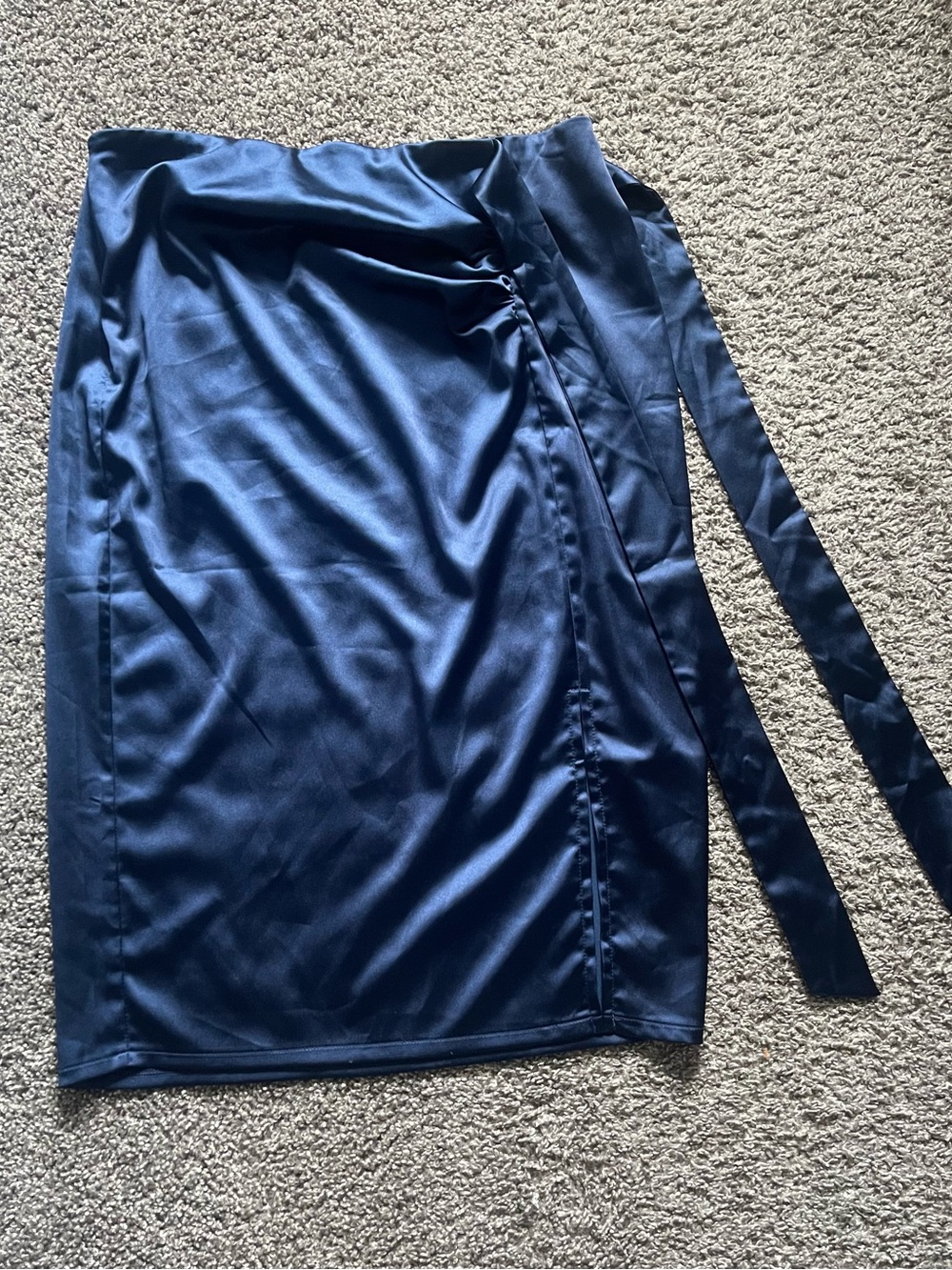 Elegant Navy Satin Pencil Skirt with Side Tie